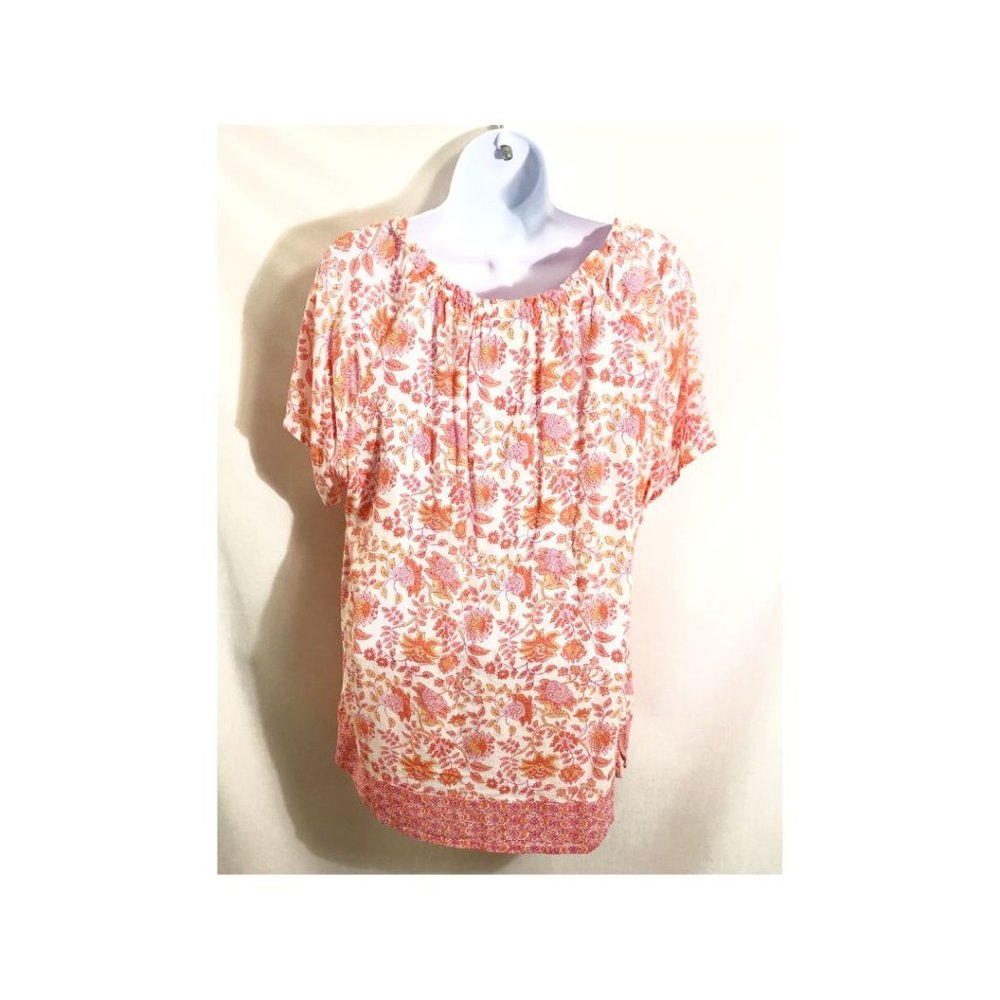 J. Jill Boho Peasant Tunic Top Size L  Large Pink Orange Floral Print - Picture 6 of 10